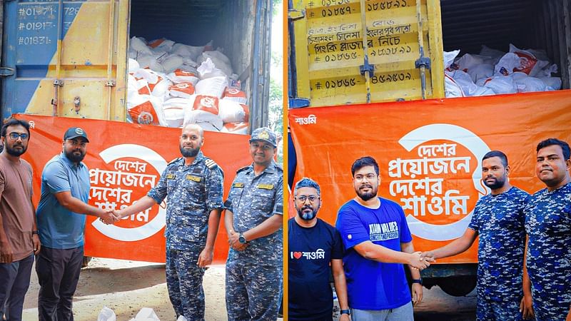 Xiaomi Bangladesh hand over essential supplies for 2,000 flood-affected families to the president of the Bangladesh Navy Family Welfare Association at the association's office.